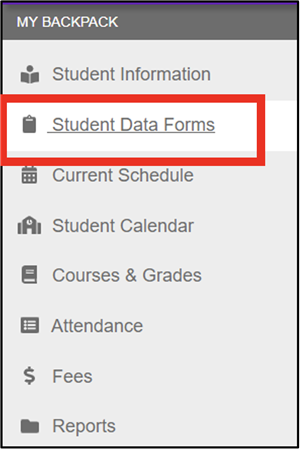 Screenshot of the webpage options in Sapphire with Student Data Forms highlighted in red